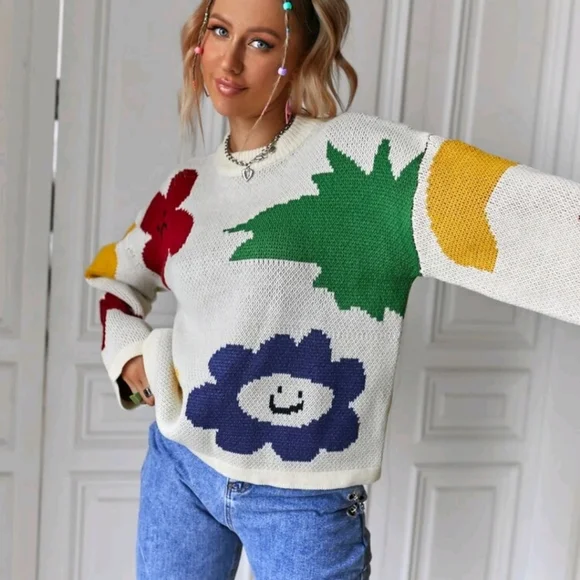 Floral Pattern Drop Shoulder Sweater - Picture 6 of 8